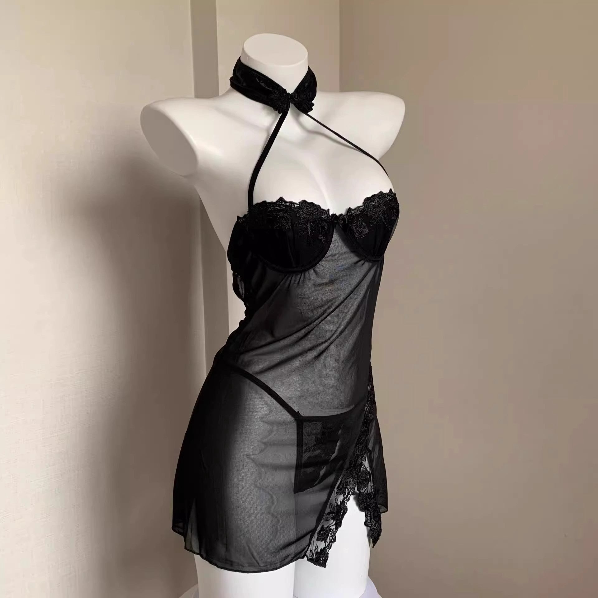 Image of Ge Meng sexy lingerie sexy lace cheongsam small breasts show big flirty uniform stripless pajama set ny